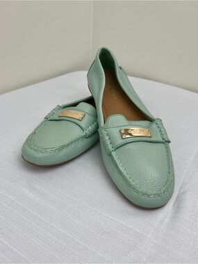 Coach Fredrica Mint Green Leather Penny Loafers with Gold Plaque